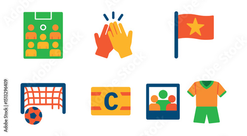 Flat vector icons of team sports and group play: team lineup, high five icon, group huddle, team flag, shared goal, captain armband, team photo, uniform icon.