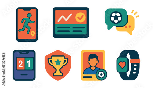 Flat vector icons of sports apps and tech: sports tracking app, performance dashboard, match alerts, fan chat app, score notification, fantasy league icon, player card app, wearable tracker.