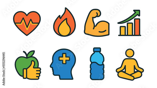 Flat vector icons of sports and health benefits: heart rate icon, calorie burn, muscle icon, fitness progress, healthy habit, mental boost, hydration bottle, wellness icon.