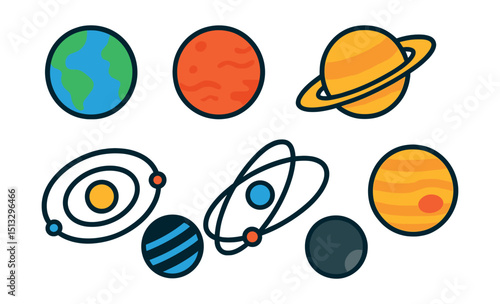 Flat vector icons of planets and orbits: Earth icon, Mars surface, Saturn with rings, Jupiter storm, planetary system, orbit lines, exoplanet, dwarf planet.