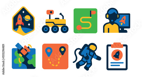 Flat vector icons of missions and exploration: mission patch, planetary rover, exploration path, mission control, satellite map, discovery route, spacewalk icon, mission report.