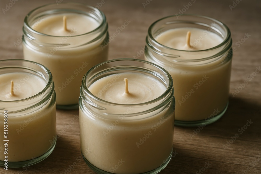 Close up of four small candles in glass jars on a wooden surface top Close up of four small candles in glass jars on a wooden surface top