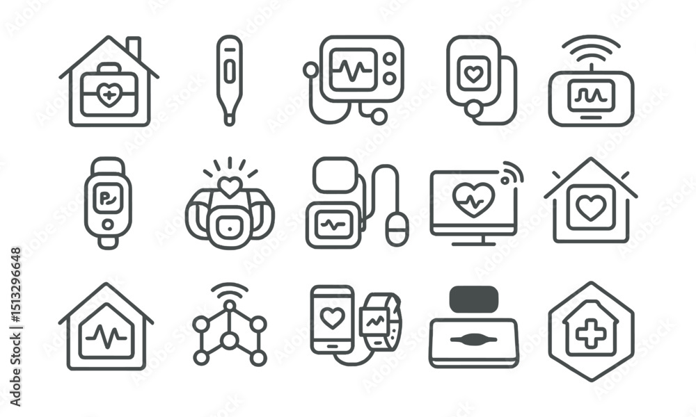 Line style icons of remote monitoring and home diagnostics: home monitoring kit, smart thermometer, remote ECG device, glucose monitor, oxygen sensor, smart band alert, blood pressure device, Line style icons of remote monitoring and home diagnostics: home monitoring kit, smart thermometer, remote ECG device, glucose monitor, oxygen sensor, smart band alert, blood pressure device,