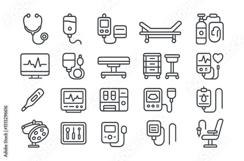 Line style icons of hospital equipment and medical tools: stethoscope icon, IV drip, infusion pump, hospital bed, oxygen tank, ECG monitor, blood pressure cuff, surgical table, medical cart,