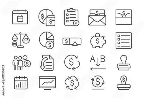 Line style icons of budgeting and money management: monthly budget, budget allocation, budget planner, envelope budgeting, income vs expense, budget pie chart, budget progress bar, budget threshold