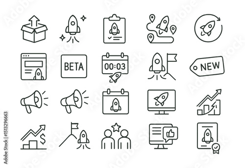 Line style icons of product launch and business rollout: product release, launch event, launch checklist, product roadmap, go live icon, prelaunch page, beta version, launch countdown, soft launch,