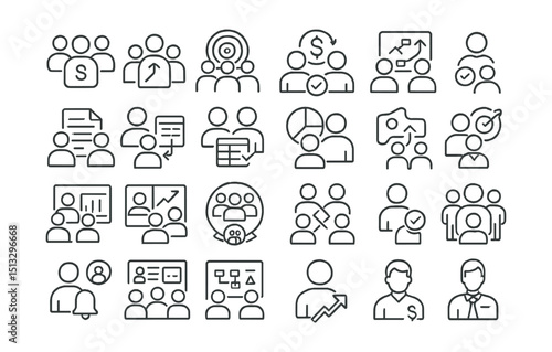 Line style icons of finance teams and collaborative planning: finance team icon, team goal planner, budget sync group, strategy session avatar, shared document tile, spreadsheet collaboration, task