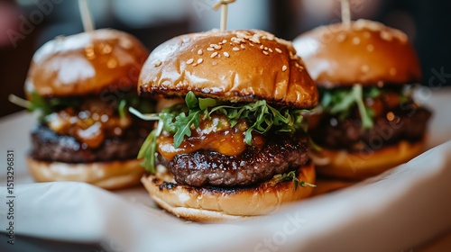 Close-up shot of three delicious gourmet sliders with fresh ingredients