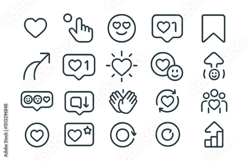 Line style icons of likes, engagement and social proof: like heart icon, double tap icon, reaction emoji badge, engagement tile, saved post icon, shared post tag, like count UI, heart animation tile,