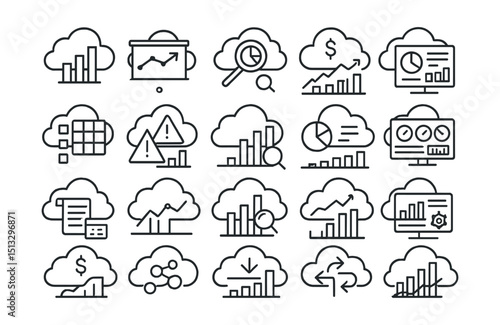Line style icons of analytics and insights in cloud tools: usage report, performance stats, metrics breakdown, cloud cost graph, analytics board, heatmap icon, alert insights, KPI chart, forecast