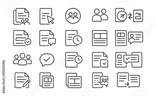 Line style icons of co-editing and shared task tools: shared doc tile, real-time editor icon, co-edit badge, simultaneous typing icon, shared cursor badge, document sync icon, comment highlight tag,
