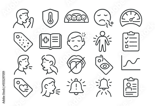 Line style icons of symptom tracking and early detection: cough icon, fever badge, pain scale, nausea indicator, fatigue meter, rash tag, symptom journal, dizziness icon, body ache icon, symptom log