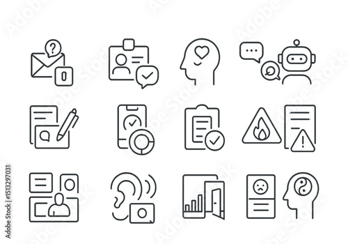 Line style icons of support, HR and team wellbeing in hybrid work: help ticket icon, HR contact badge, mental health tile, work support bot, anonymous feedback icon, well-being check-in, team pulse