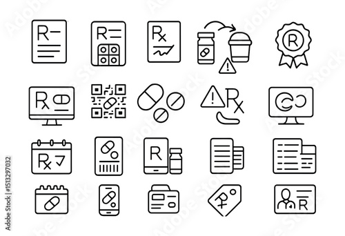 Line style icons of digital prescriptions and e-Rx systems: prescription paper, digital pill sheet, e-signature prescription, refill request icon, pharmacy pickup badge, e-Rx interface, medication QR