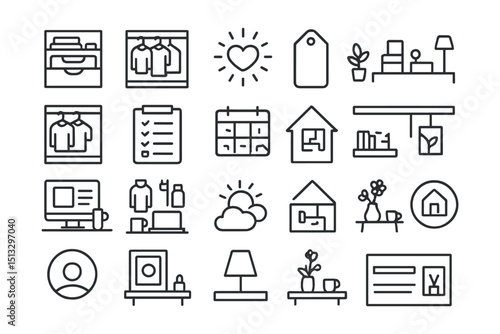 Line style icons of minimalism and intentional living: declutter drawer icon, capsule wardrobe tile, intentional living badge, less is more tag, calm space layout, mindful closet icon, no buy month