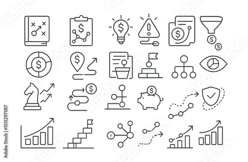 Line style icons of financial strategy and smart planning: financial playbook, wealth plan icon, passive income idea, debt strategy, diversification model, investment plan map, emergency action plan,