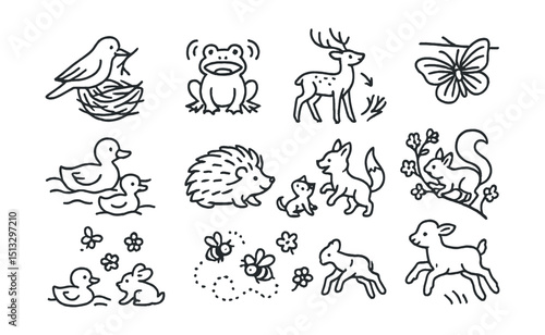 Line style icons of spring animal behaviors: bird building nest, frog croaking, deer shedding antlers, hedgehog waking, butterfly emerging, ducklings in pond, fox pups playing, squirrel in bloom tree