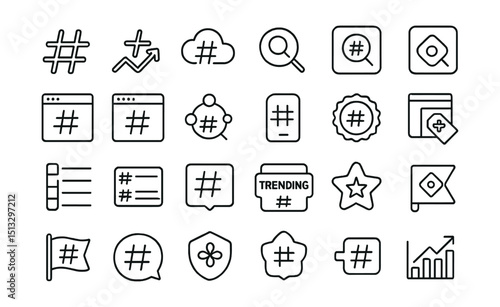 Line style icons of social media hashtags and topics: hashtag icon, trending tag, post topic cloud, discover tag tile, hashtag generator, hashtag group icon, niche topic icon, tag list UI, explore