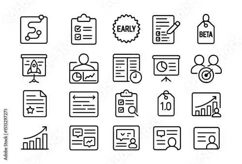Line style icons of startup project management and MVP launch: startup roadmap tile, MVP checklist icon, early release badge, product test plan, beta access tag, launch plan board, founder dashboard,
