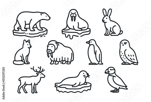 Line style icons of animals vulnerable to rising temperatures: polar bear on ice, walrus on melting floe, snow hare, Arctic fox, musk ox, emperor penguin, reindeer, sea ice seal, snowy owl, puffin.