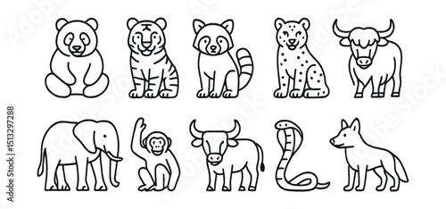 Line style icons of animals of Asia: panda, tiger, red panda, snow leopard, yak, Asian elephant, gibbon, water buffalo, cobra, dhole.