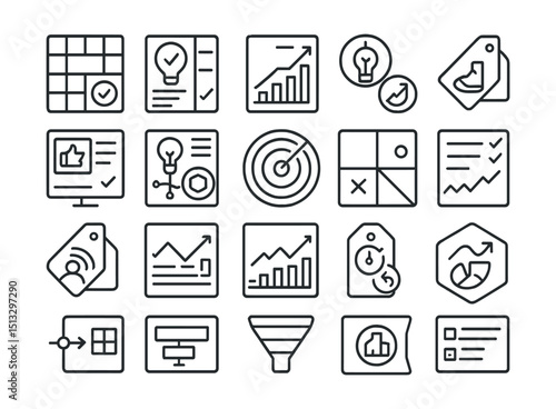 Line style icons of idea validation and growth strategy: validation board tile, test idea panel, growth plan sketch, scaling roadmap icon, experiment tracker tag, early feedback panel, feature