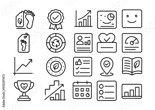 Line style icons of personal sustainability and eco goals: footprint tracker icon, green goal badge, behavior shift chart, lifestyle dashboard tile, small steps tag, habit tracker eco version,