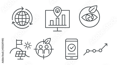 Line style icons of sustainable energy: sustainable goals icon, zero emission target chart, 2030 vision badge, milestone for solar expansion, community target layout, personal green objective screen,