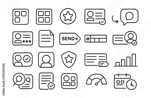 Line style icons of gig platforms and freelance marketplaces: gig tile icon, listing grid layout, star rating badge, offer profile card, job match bubble, review tile UI, request post icon, send