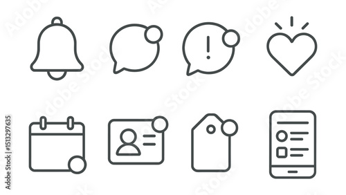 Line style icons of social media: notification bell icon, new comment badge, message alert bubble, reaction ping indicator, event reminder icon, follower activity panel, tag notification popup, daily