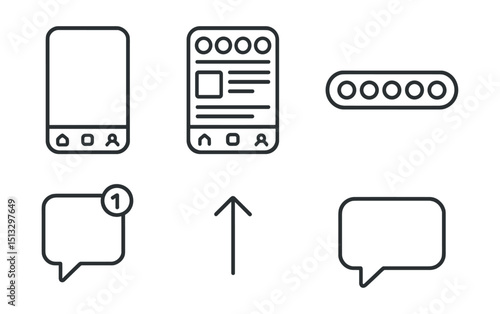 Line style icons of social media: mobile app screen, swipe feed layout, story bar on top, bottom nav tab bar, notification popover, content scroll icon, in-app message button.