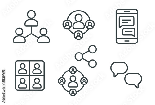 Line style icons of social media: social connection icon, user network badge, comment thread screen, share icon layout, friends grid card, social circle map, conversation interaction path.