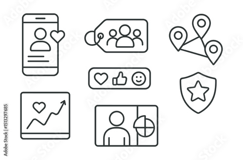 Line style icons of social media: user interaction screen, audience tag icon, activity bubble map, personal engagement chart, highlight reaction bar, top fan badge, audience focus panel.