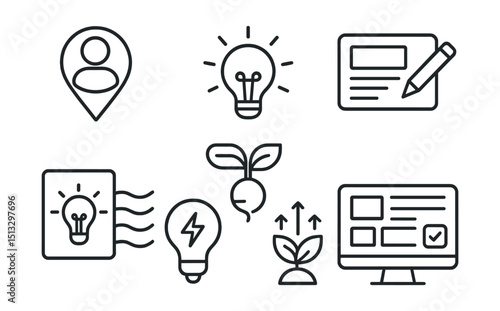 Line style icons of social media: idea hub icon, content inspiration lightbulb, post draft board, brainstorm thread card, creativity boost symbol, content seed flow, concept planning screen.