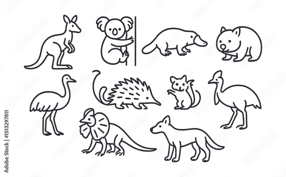 Fototapeta premium Line style icons of animals of Australia: kangaroo, koala, platypus, wombat, emu, echidna, sugar glider, cassowary, frilled lizard, dingo.