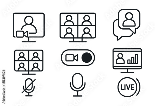 Line style icons of remote work: video call icon, team meeting screen, one-on-one chat badge, group conference view, camera on/off toggle, shared presentation icon, voice mode symbol, live session