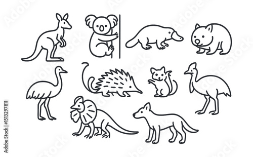 Line style icons of animals of Australia: kangaroo, koala, platypus, wombat, emu, echidna, sugar glider, cassowary, frilled lizard, dingo.