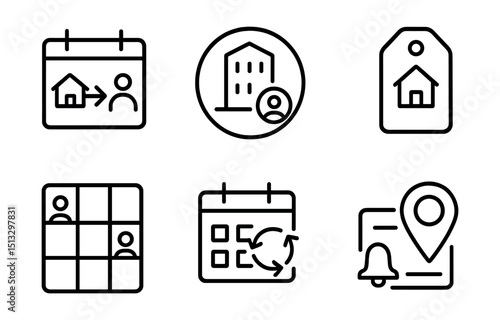 Line style icons of remote work: hybrid schedule icon, in-office day badge, remote day tag, team availability grid, shared calendar sync, schedule rotation layout, location-based reminder.