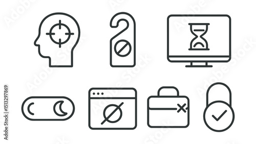 Line style icons of remote work: focus mode icon, do not disturb badge, session timer screen, quiet zone toggle, block distractions panel, silent workspace symbol, productivity lock-in.