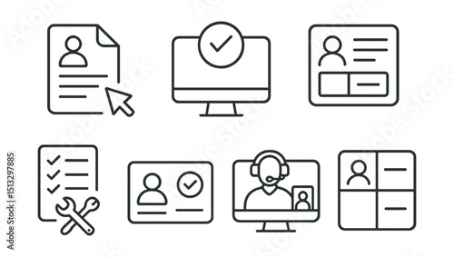 Line style icons of remote work: onboarding icon, welcome screen badge, role overview layout, company tools checklist, access granted card, virtual orientation session, HR starter panel.