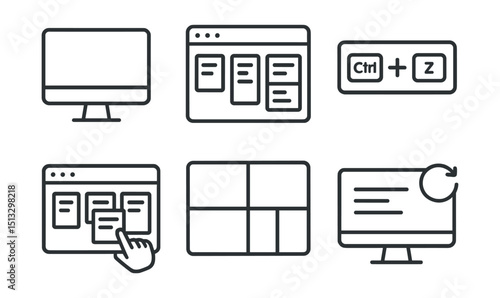 Line style icons of project management: desktop view icon, wide task panel screen, keyboard shortcut map, drag-and-drop task column, resizable board grid, work window layout, real-time update on