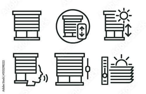 Line style icons of smart home technology: smart blinds icon, window shade control badge, auto open/close screen, daylight tracking mode, voice command blinds, blind angle slider, sunrise automation.