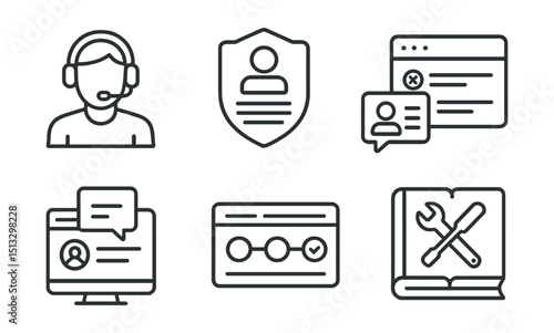 Line style icons of project management: support center icon, request form badge, quick help card, issue log panel, response from admin layout, ticket status tracker, troubleshooting guide.