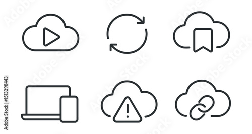 Line style icons of social media: cloud-based media icon, post sync badge, saved draft in cloud, cross-device content symbol, storage limit alert, cloud share link icon.