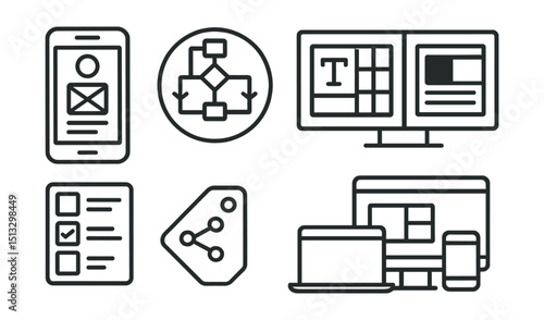Line style icons of business innovation: UX design icon, flow mapping badge, typography & grid screen, interface contrast layout, interaction states panel, design system tag, responsive preview board