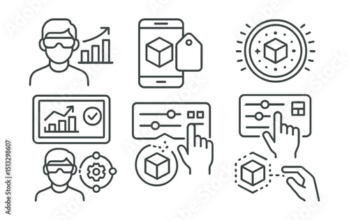 Line style icons of business innovation: AR business tools icon, object tag overlay screen, spatial interface badge, augmented metrics view, gesture control panel, immersive prototype tracker, AR