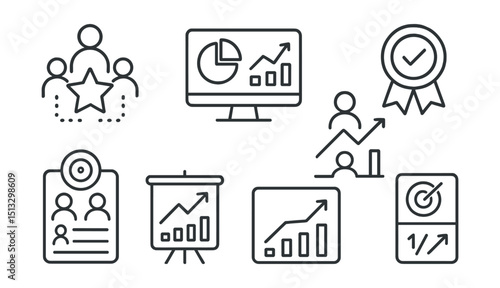 Line style icons of remote work: team performance icon, shared stats screen, member contribution graph, peer review badge, outcome-based evaluation layout, goal alignment chart, success rate panel.