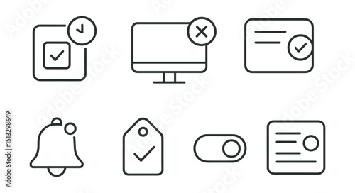 Line style icons of remote work: task reminder icon, overdue badge screen, weekly nudge card, follow-up alert bell, next action item tag, snooze option toggle, daily ping layout.