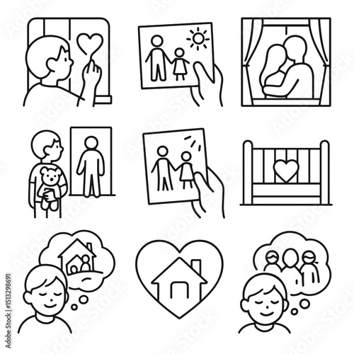 Boy orphan dreaming about family and adopting illustrated in a vector icon set  