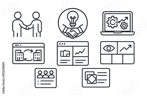 Line style icons of business innovation: partner collaboration icon, joint project badge, shared asset panel, intercompany sync screen, alliance dashboard layout, multi-stakeholder card, co-branding